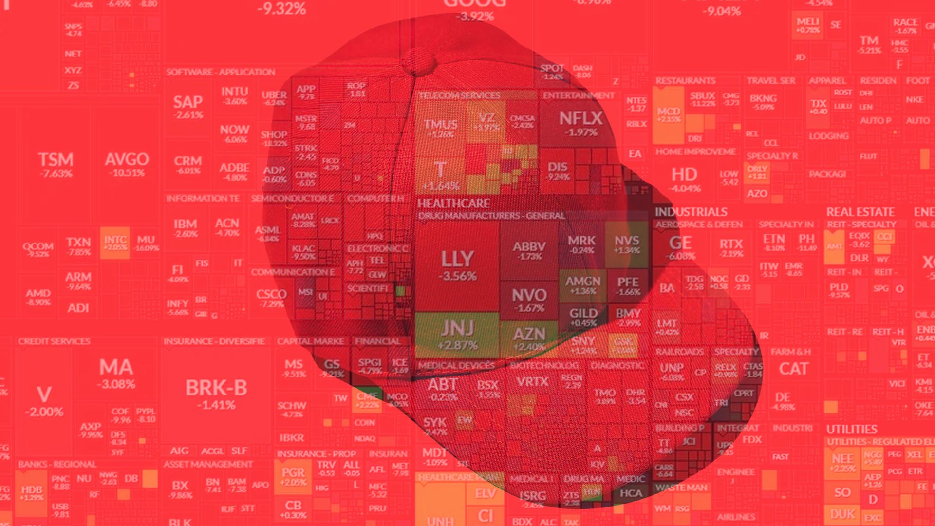Red baseball cap superimposed over a heatmap of U.S. stock market performance, with most stocks shown in red indicating widespread losses across sectors like technology, healthcare, and finance.