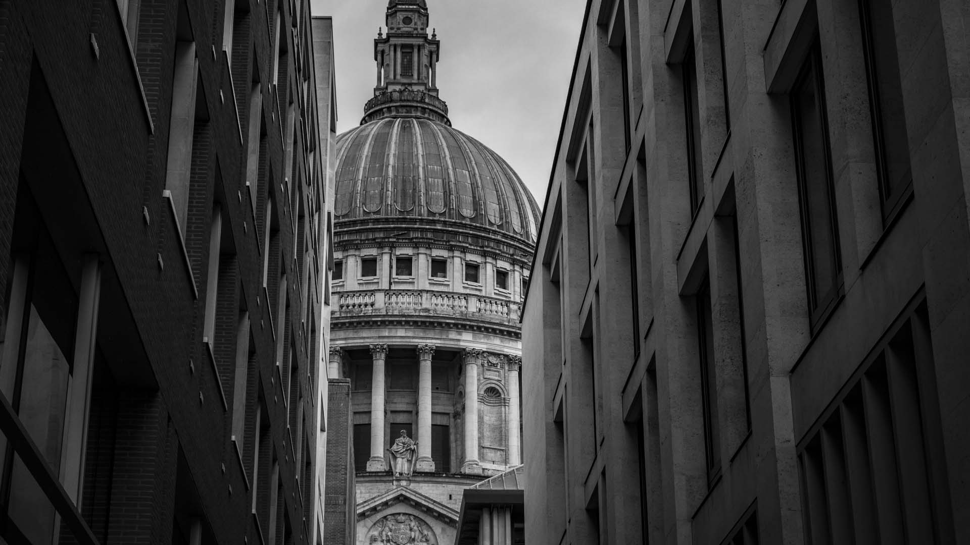 A black and white photograph of St Paul's Cathedral