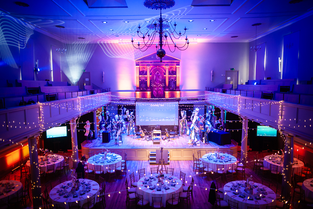 The theatre room of St George's Bristol being set-up for a gala dinner