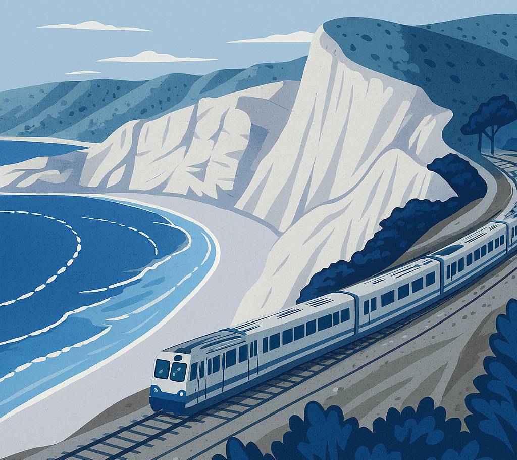 An illustration of a train running along the British coastline