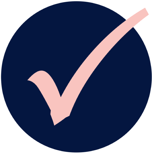 A pink check mark in a dark blue circle