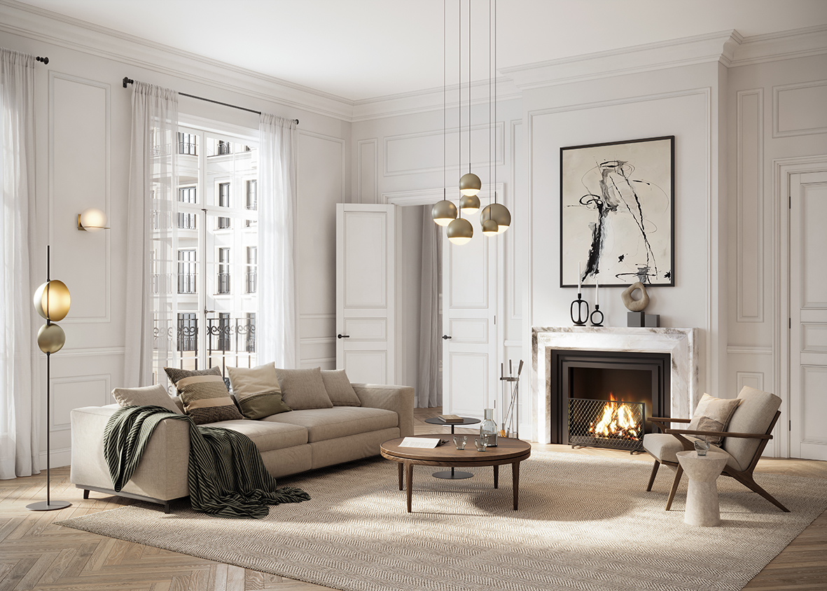 Sofa and chair near a fire place of an expensively furnished house