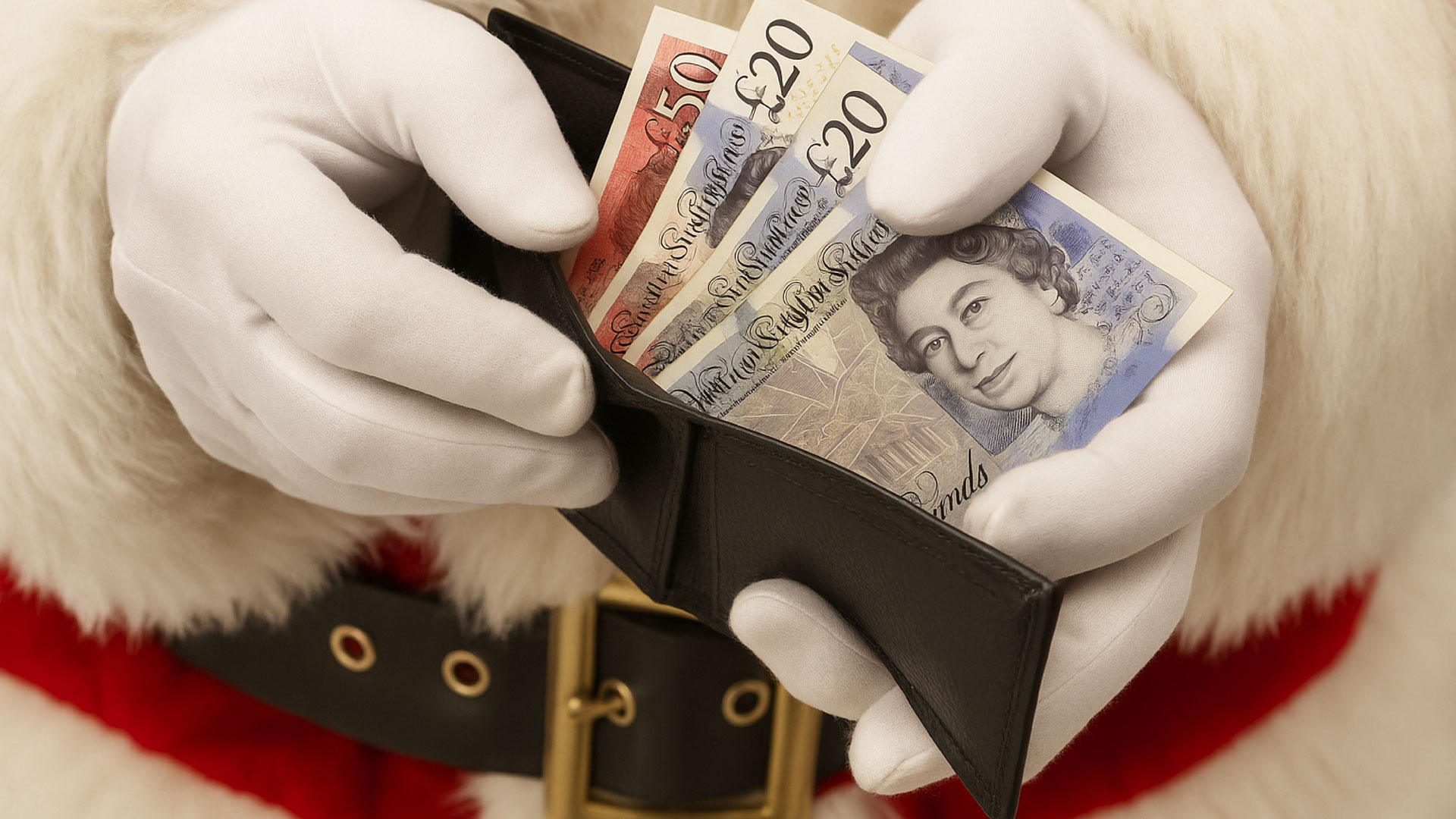 Santa opening a wallet containing £20 and £50 notes