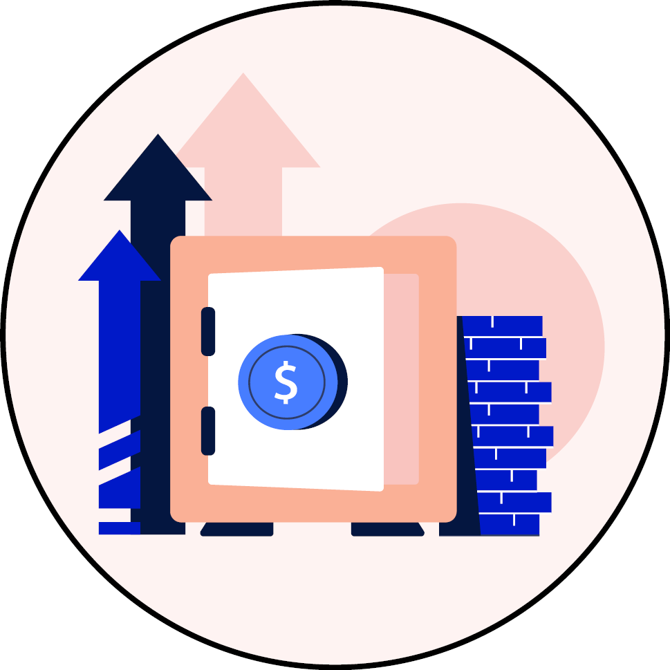An icon for fixed income with a vault and a stack of coins