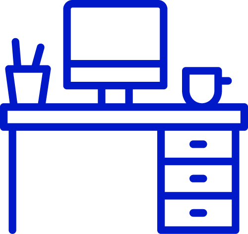 An icon of a desk with a computer and coffee on it