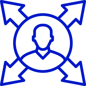 An icon indicating a person moving outward in multiple directions