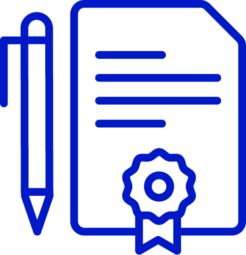 An icon of a certified contract with a pen next to it for signing
