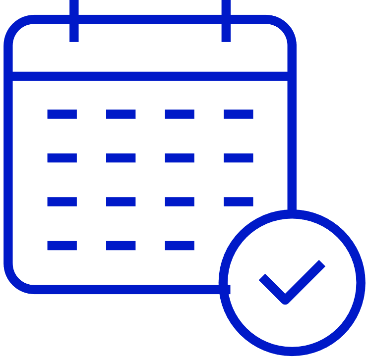 An icon of a calendar with a tick/check mark next to ity