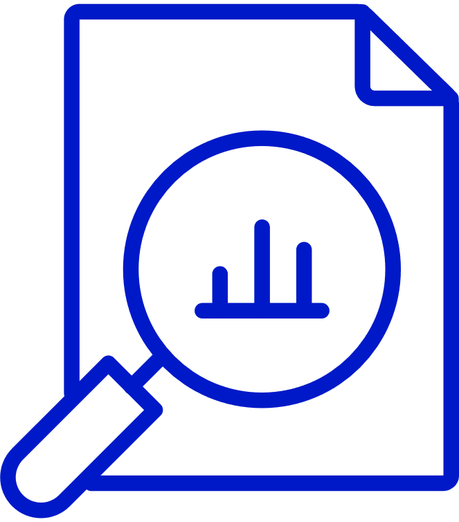 An icon of a magnifying glass over the top of a chart on a document