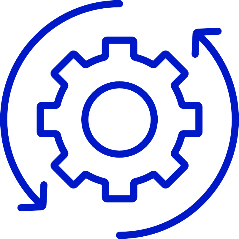 An icon of a repeating process around a cog/gear