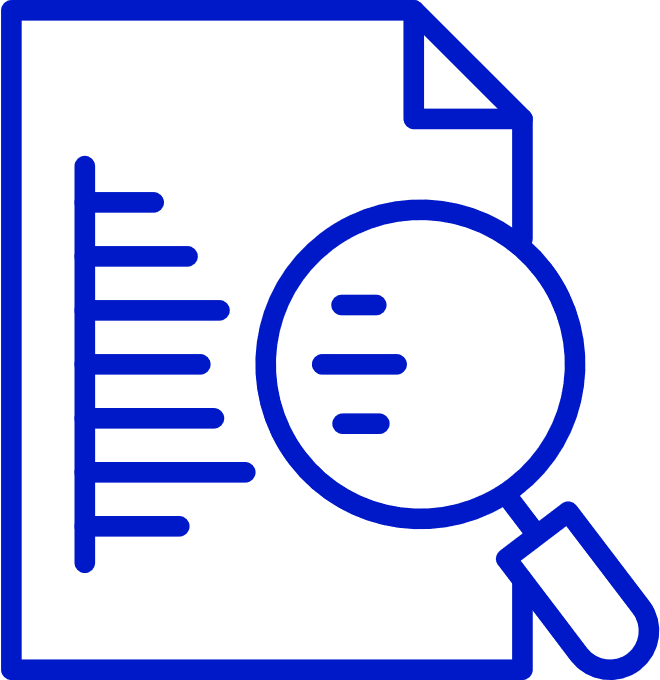 An icon of a report with a magnifying glass over the top of it