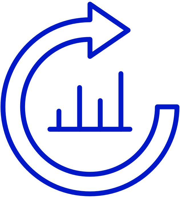 An icon of a chart surrounded by a looping forward-pointing arrow