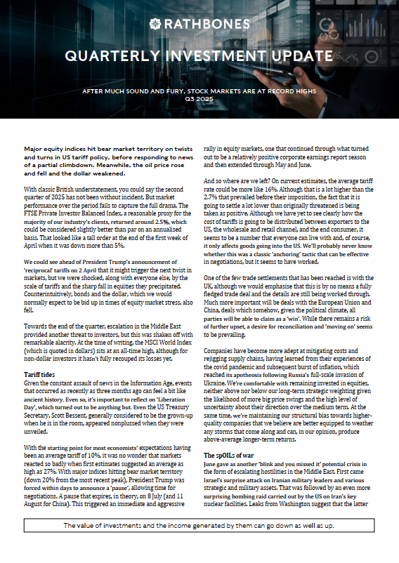 The front page of Rathbones' Quarterly Investment Update - Q3 2025