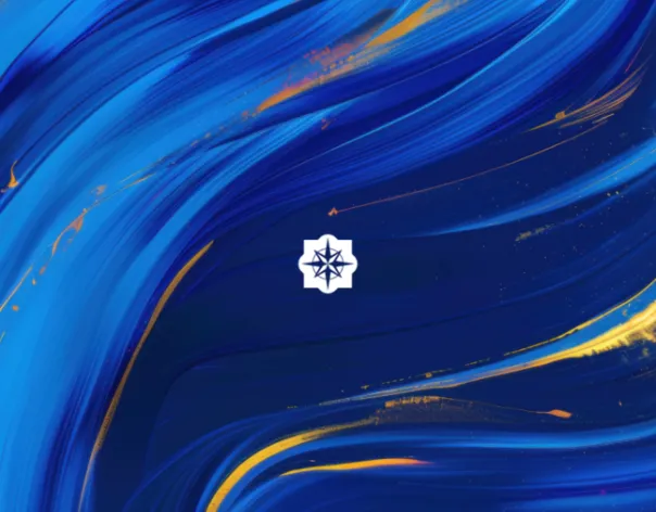 The Rathbones compass on a background featuring a swirl of blues and yellows