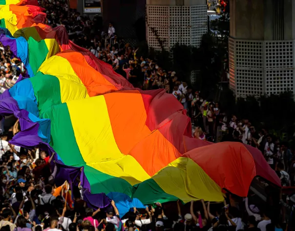 A picture of a pride flag in a crowd full of people being carried down the street