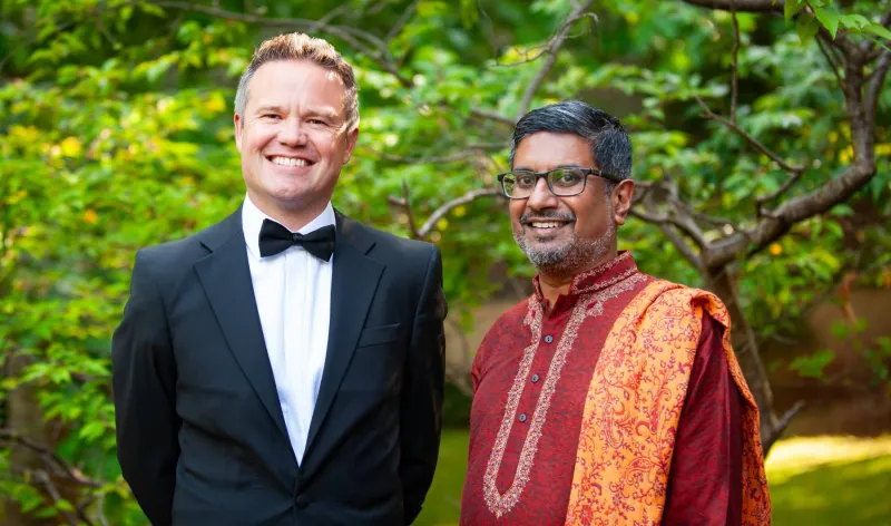 Sam Wright and Samir Savant, the Chief Executive of St George's Bristol, ahead of the theatre's gala dinner