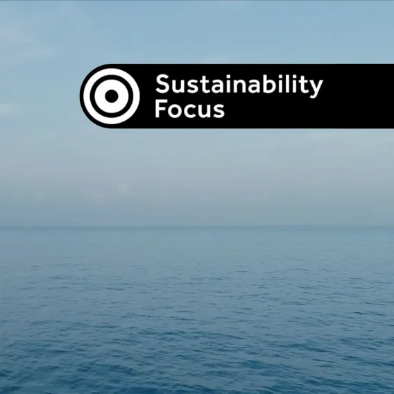 A view of a calm sea with a 'Sustainability Focus' investment label on it
