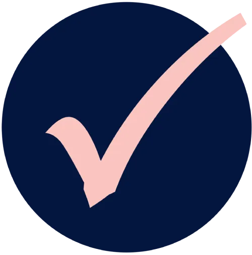 A pink tick / check mark in a navy circle=