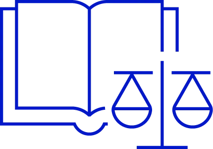 An icon of a book or manual with the scales of justice sitting on it