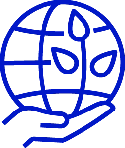 An icon of a plant growing around a globe, supported by a hand
