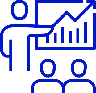 An icon indicating a chart being presented by a speaker to an audience