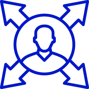An icon indicating a person moving outward in multiple directions