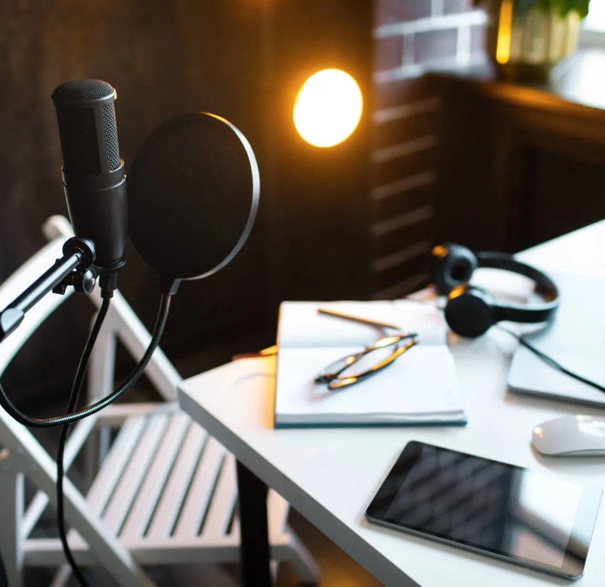 A room set up to record a podcast, with a microphone, and an iPad, headphones and a laptop on a desk