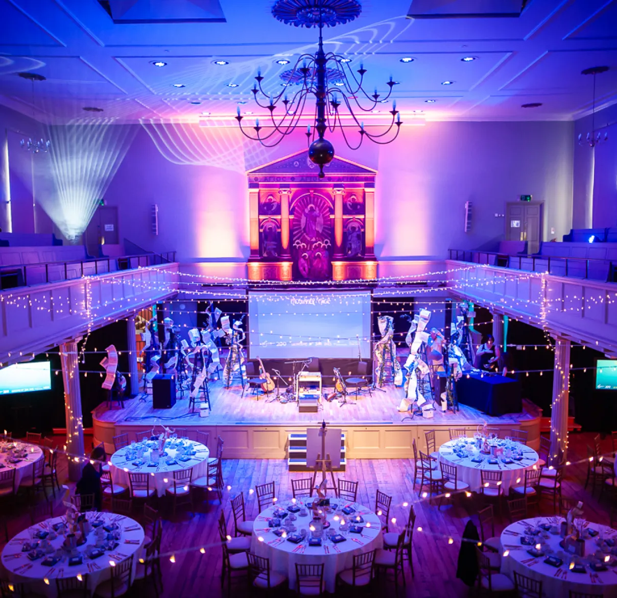The theatre room of St George's Bristol being set-up for a gala dinner
