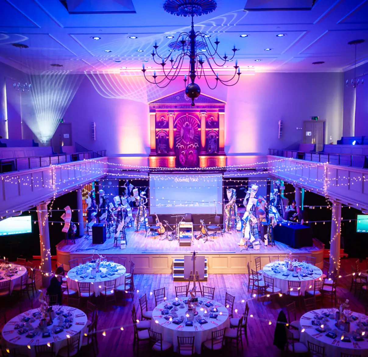 The theatre room of St George's Bristol being set-up for a gala dinner