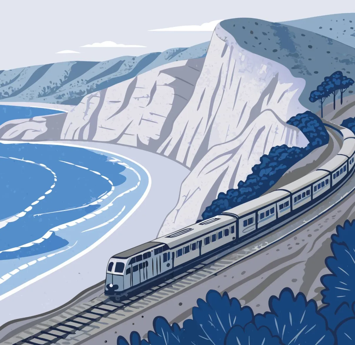 An illustration of a train winding along the British coast