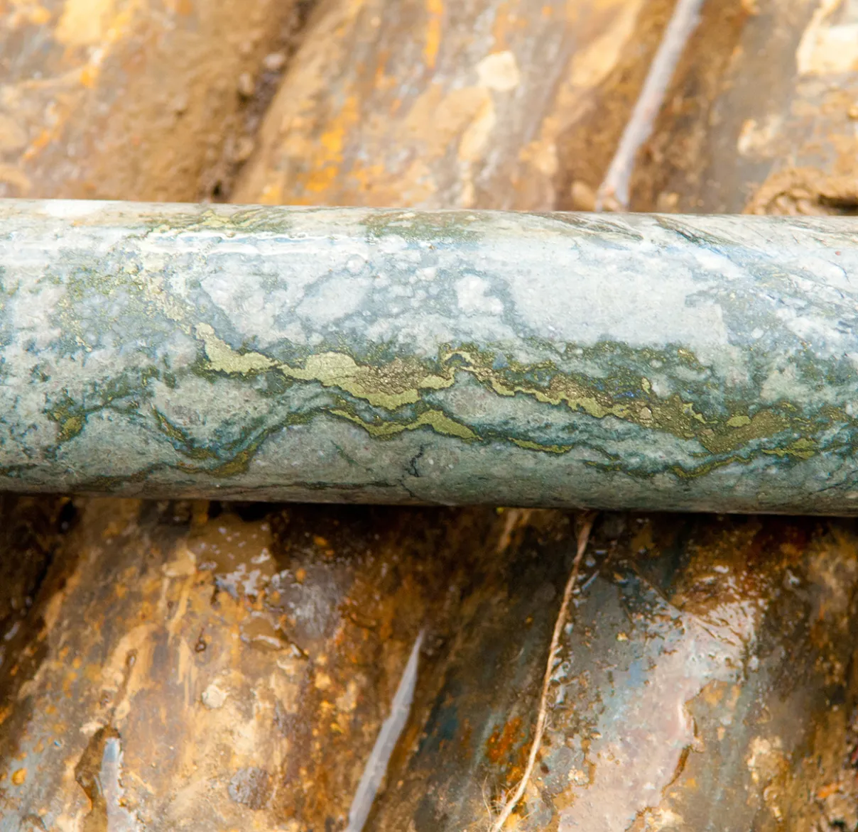 A close-up of a cylindrical rock core sample, likely taken during geological drilling
