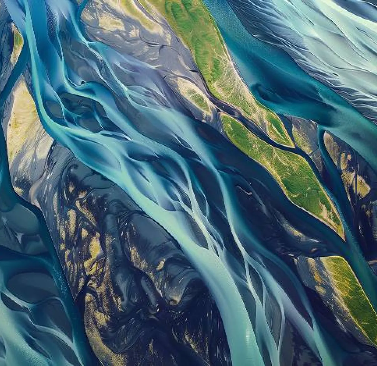 A close-up of an image featuring swirls of blues and greens and whites