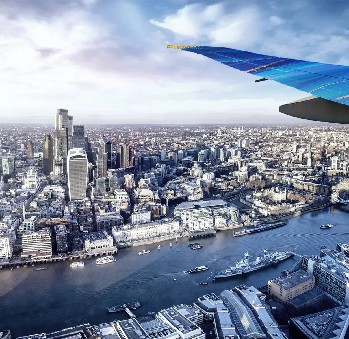 A view of the Square Mile financial district in London from the window of a plane flying overhead