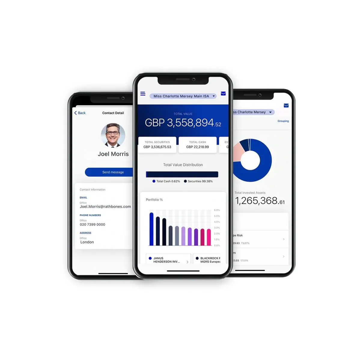 Multiple screens of the MyRathbones app shown on three smartphones 