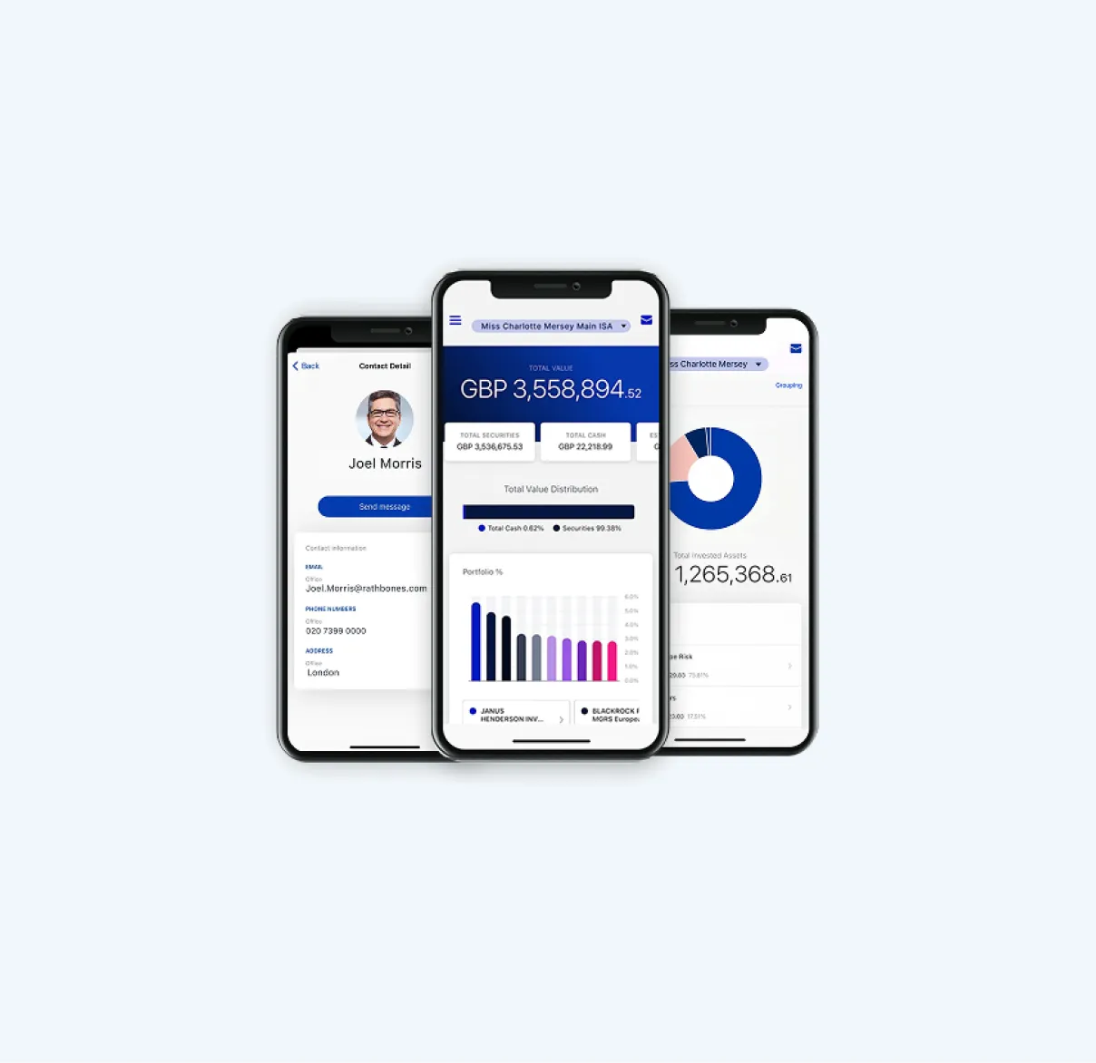 Multiple screens of the MyRathbones app shown on three smartphones 