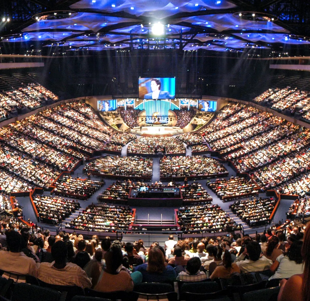 Looking down on a full concert hall for a musical concert