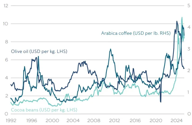 A chat shows soaring prices of olive oil and arabica coffee into 2025