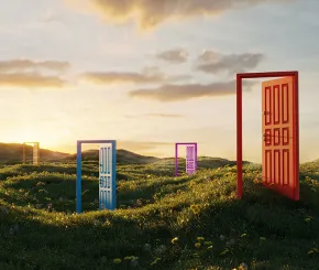 image of a selection of opened doors on a field of rolling hills
