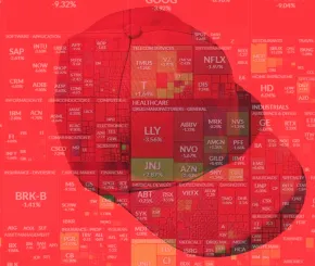 Red baseball cap superimposed over a heatmap of U.S. stock market performance, with most stocks shown in red indicating widespread losses across sectors like technology, healthcare, and finance.
