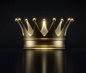 Shiny gold crown with rounded tips resting on a reflective black surface, dramatically lit against a dark background to emphasize its regal and luxurious appearance.
