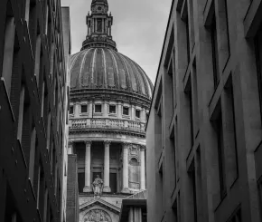 A black and white photograph of St Paul's Cathedral