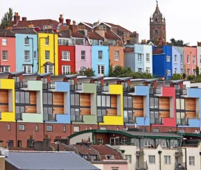 Colourful apartments in a row in a city