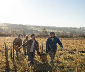 A group of charity trustees outside working together in a field