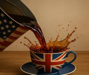 An American-flagged bucket pours tea into a British tea cup