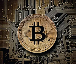 A digital impression of a bitcoin sitting on a motherboard