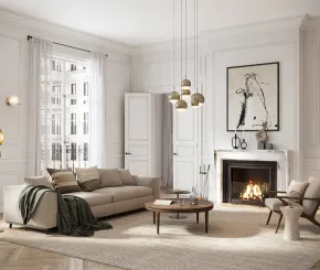 A sofa and chair sit by a fireplace in an expensively furnished house