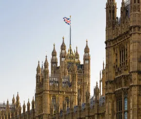 Westminster Houses of Parliament flying the Union Jack