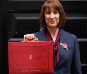 Chancellor Rachel Reeves holds red box outside number 11 Downing Street on Autumn Budget day 2024