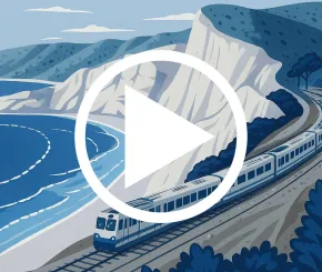 An illustration of a train moving alongside an English beach, with a large play icon over the top of the image