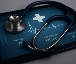 Stethoscope laying on top of doctors tablet screen 